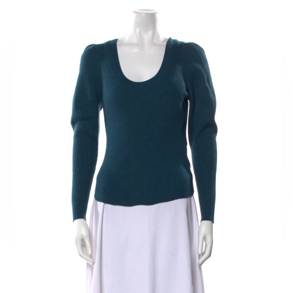 Nwt Rebecca Taylor Women’ U-Neck Wool-Blend Puff Sleeve Evergreen Sweater Large